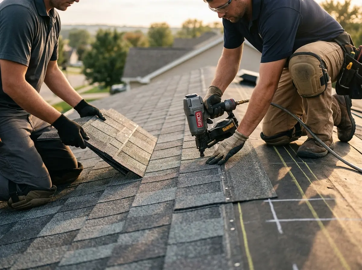 Professional roofer working on a residential roof in Schriever